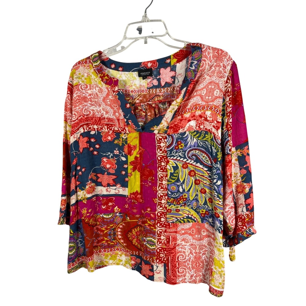 JONES & CO JONES NEW YORK 1X Patchwork Floral Print V Neck Long Sleeve Tunic Top